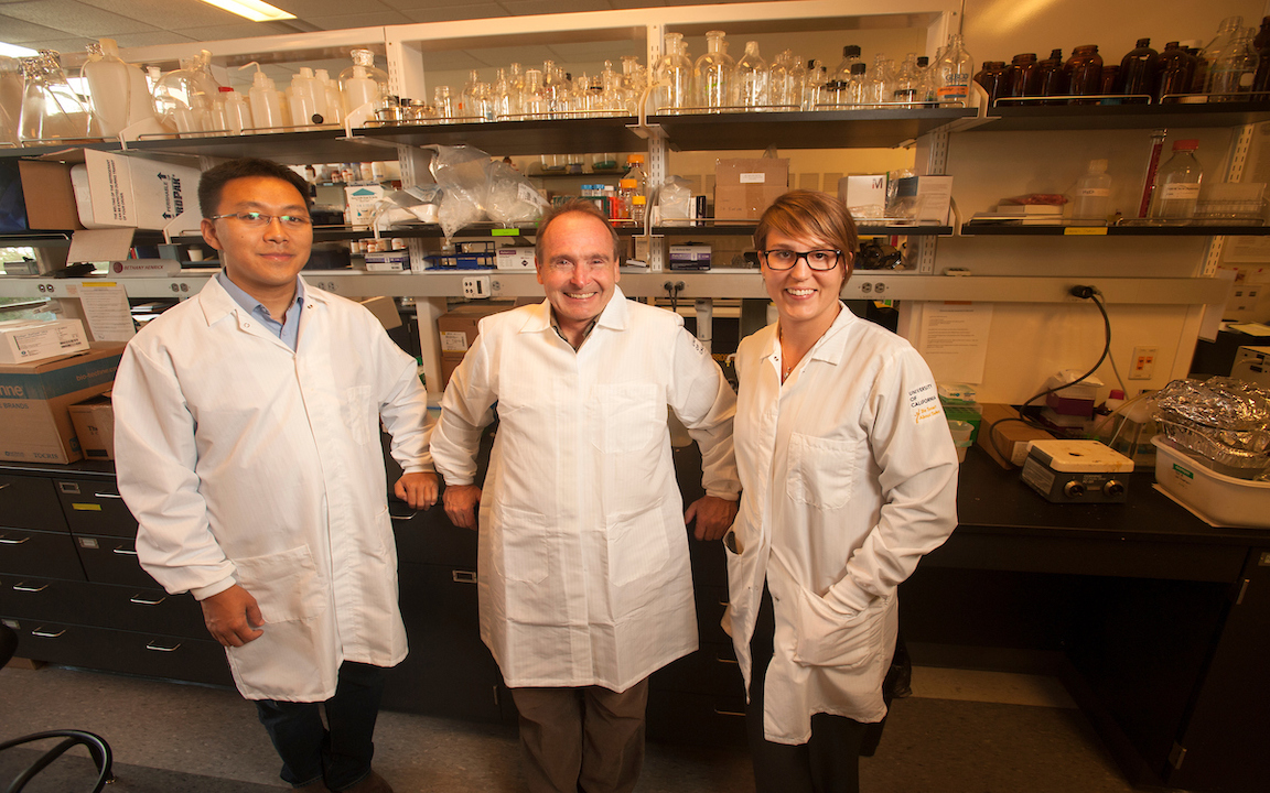 Professors Bruce German, Bethany Michele Henrick and Alex Gao stand together in the German Lab in the Robert Mondavi Institute. 