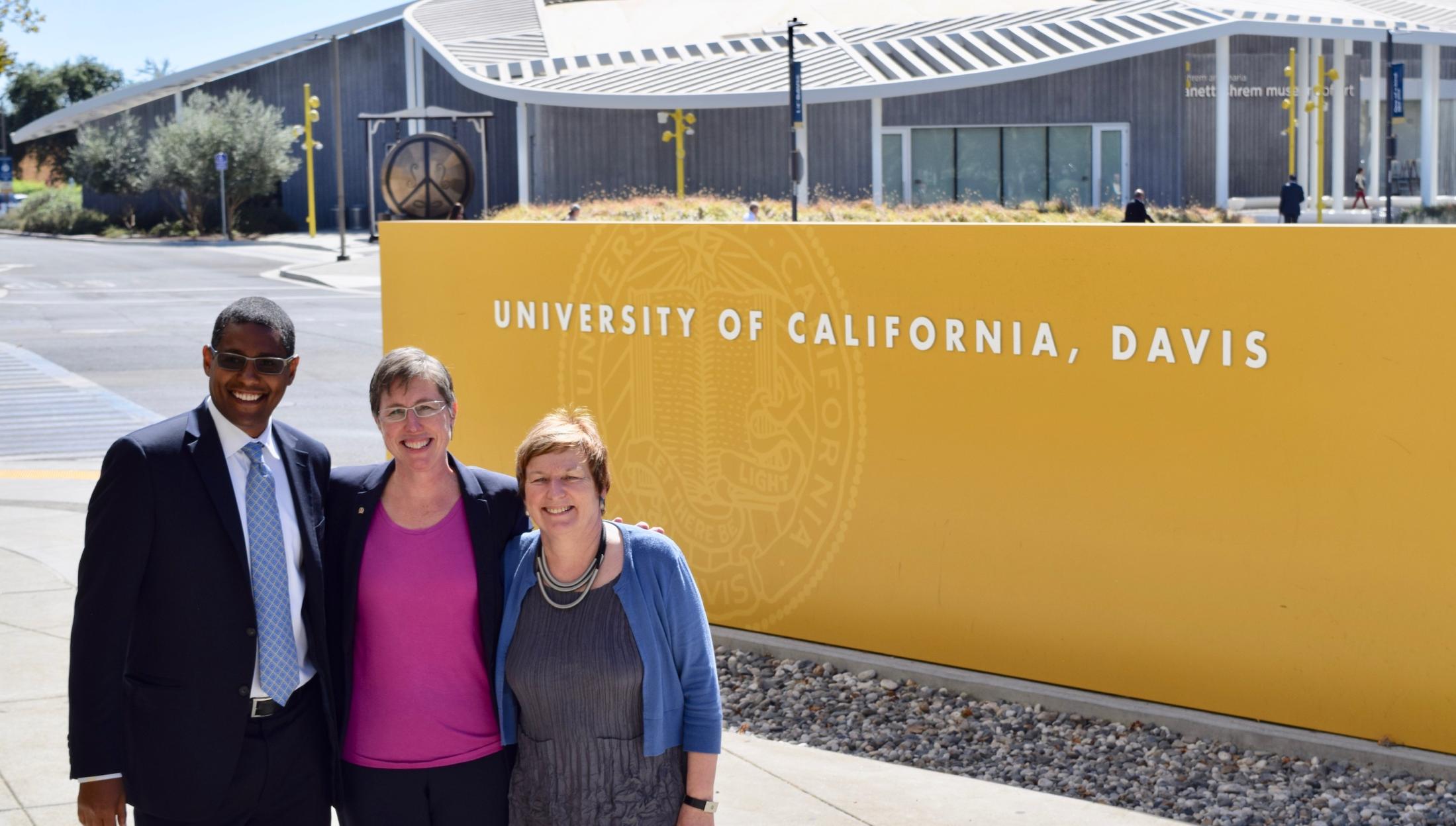 Associate Vice Provost of Academic Programs in Global Affairs Ermias Kebreab, President of Mills College Elizabeth L. Hillman, and Vice Provost and Associate Chancellor of Global Affairs Joanna Regulska following Hillman’s keynote address.