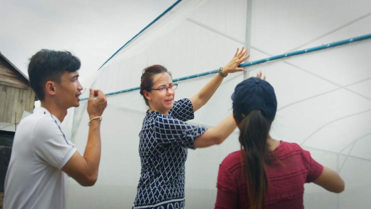 UC Davis researcher Karen LeGrand, center, discusses new features of a nethouse on a farm near Battambang with graduate students from Cambodia’s Royal University of Agriculture. 