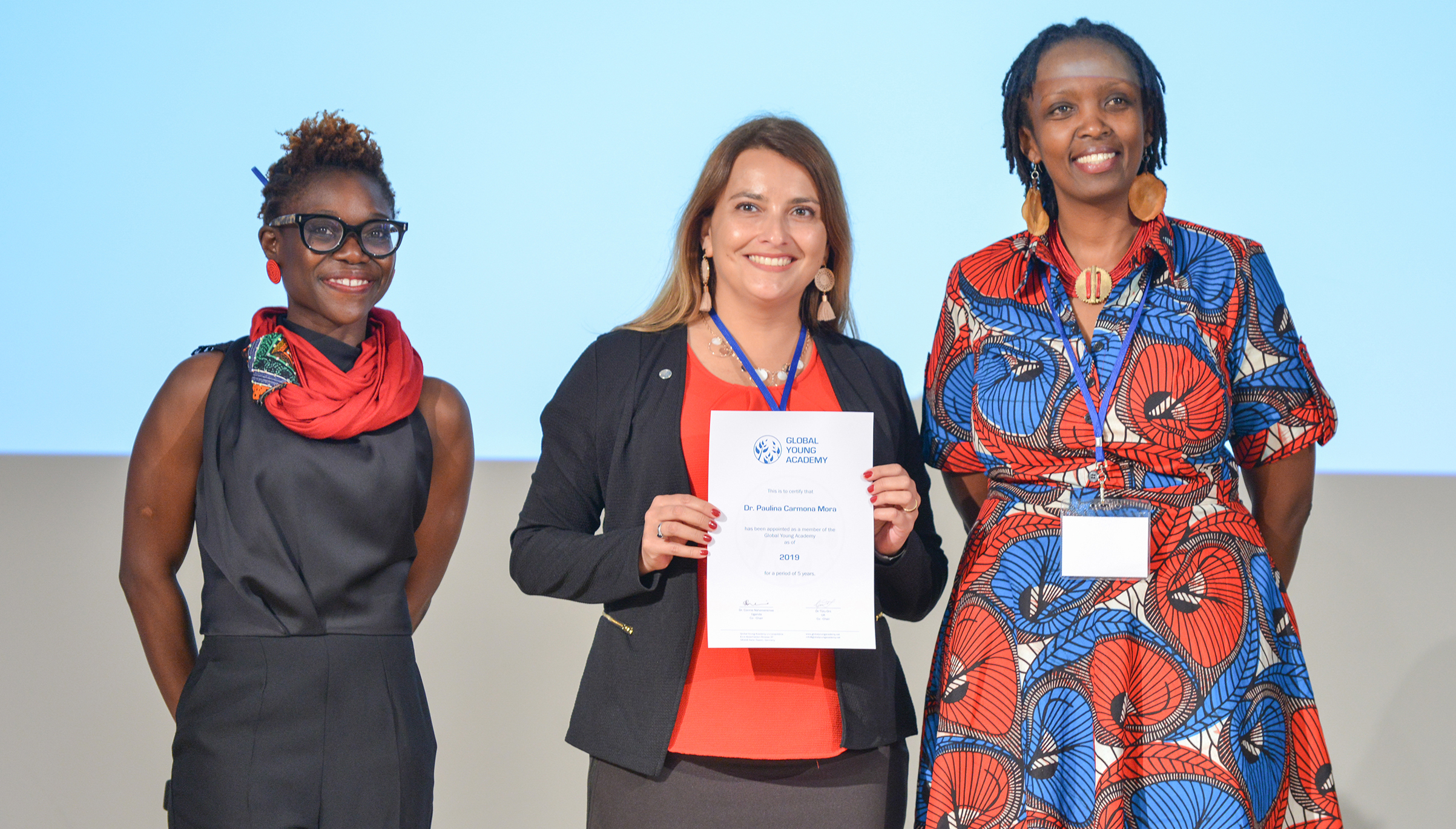 Carmona-Mora with Global Young Academy co-chairs, Tolu Oni and Connie Nshemereirwe, at New Global Young Academy member induction ceremony in Halle, Germany in May 2019.