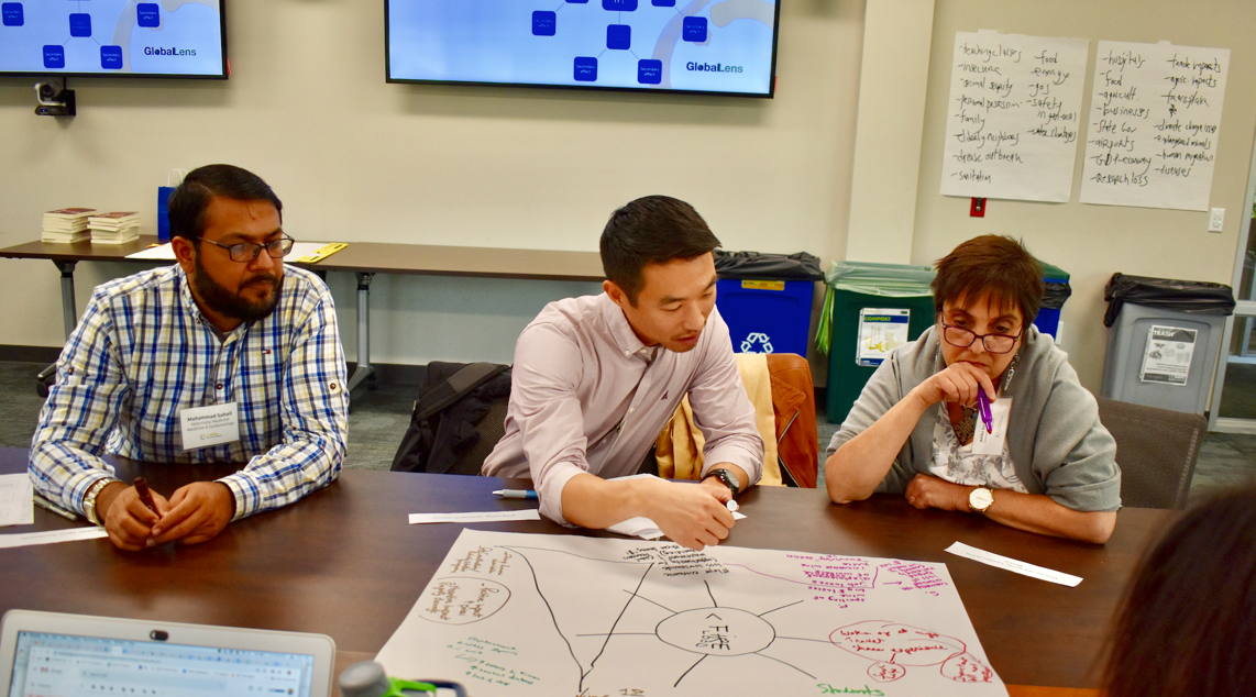 Faculty members (left to right) Muhammad Sohail Sajid, Daniel Choe, and Aliki Dragona developing global learning frameworks and practices during a Curriculum Enhancement Through Global Learning program session on campus in fall 2019.