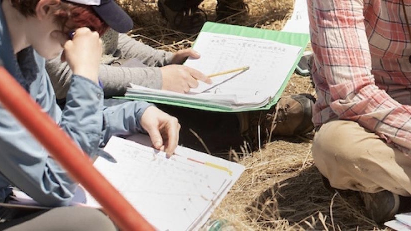 people taking notes in field