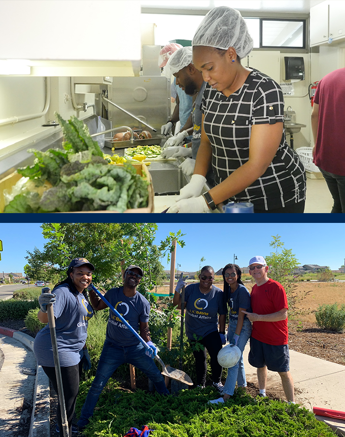 Scholars assisting in a community kitchen and planting trees