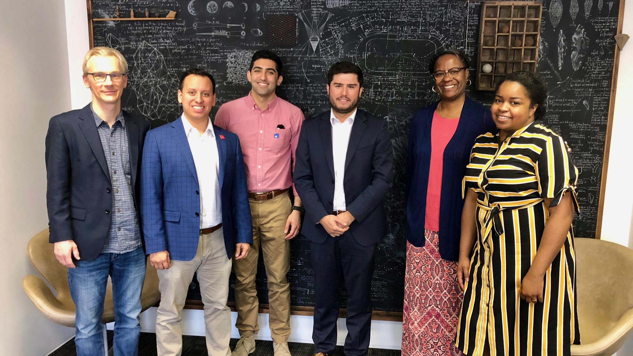 MBA students Stefan Bergman, Jesse Rodriguez, and Bryan Dastmalchi; CONICYT International Programs Coordinator Jack Brady; GSM Faculty Advisor Dr. Keisha Nichols; and GSM student Noelle Blanchard at CONICYT