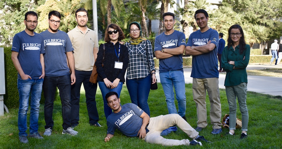 Fulbright Afghanistan Students posing for a photo outside the State Capitol in Sacramento.