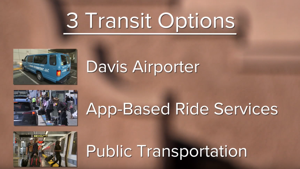 The Davis Airporter, app-based ride services, and public transportation are the three ways of transit from SFO to Davis.