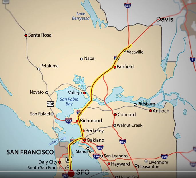 Map of San Francisco area, with line from SFO to Davis 