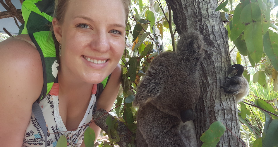 Graduate student Katie Dahlhausen in Australia with one of her research subjects — a koala. (Photo courtesy of Katie Dahlhausen)