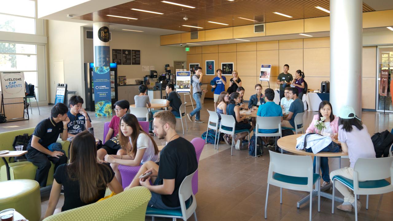 Students in lobby of International Center 