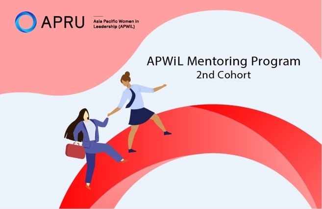 Graphic of two women climbing over an arch, with one woman helping the other climb. Logo of APRU Asia Pacific Women in Leadership and the text APWiL Mentoring Program 2nd Cohort