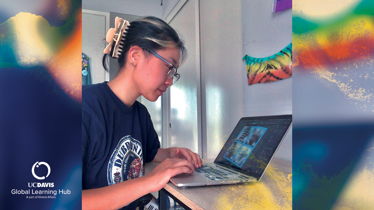 Lauren Hong works on a laptop in her bedroom.