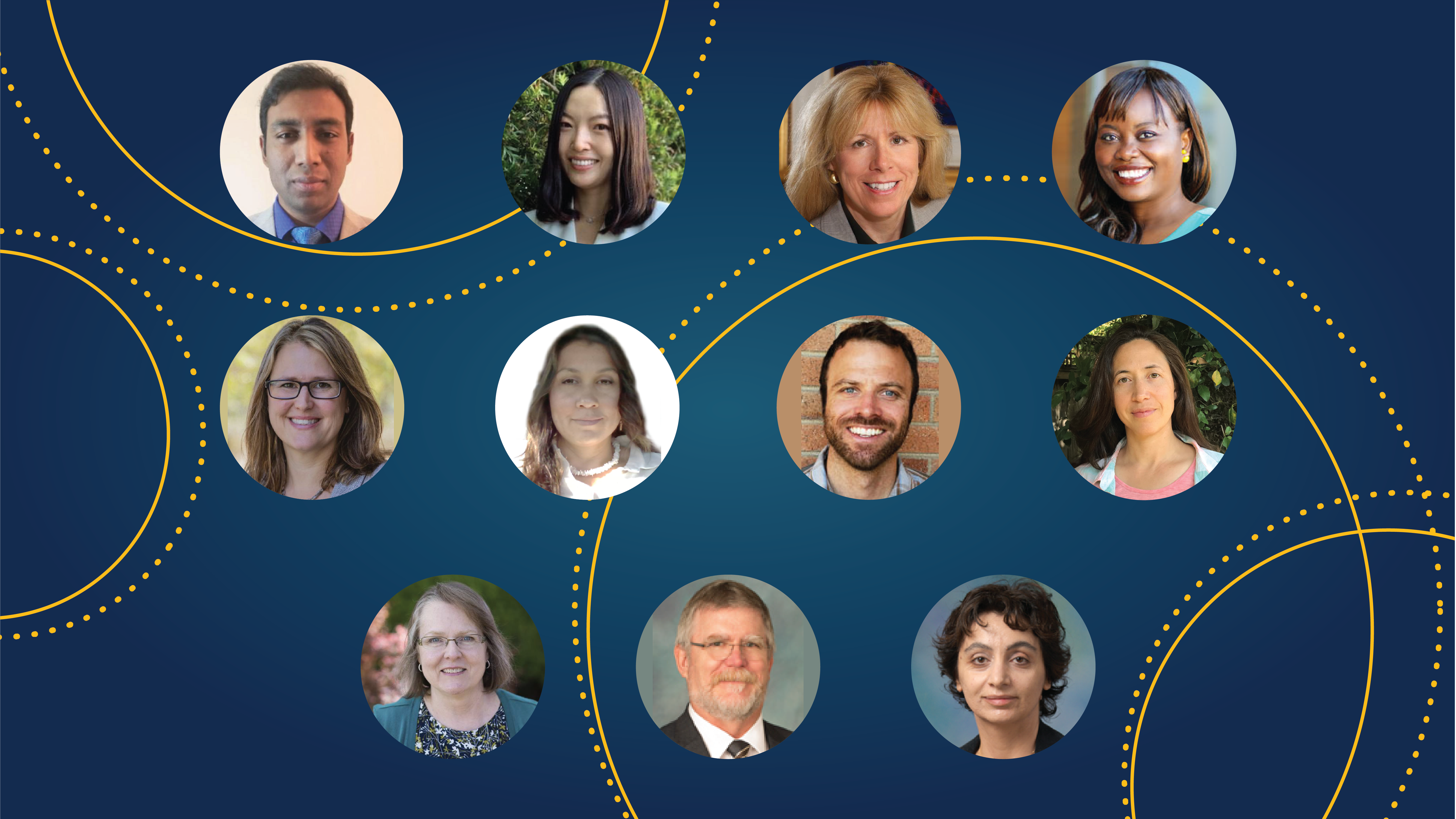 Photos in circles of 11 UC Davis faculty members who participated in the Curriculum Enhancement program in 2020-21 on a blue background.