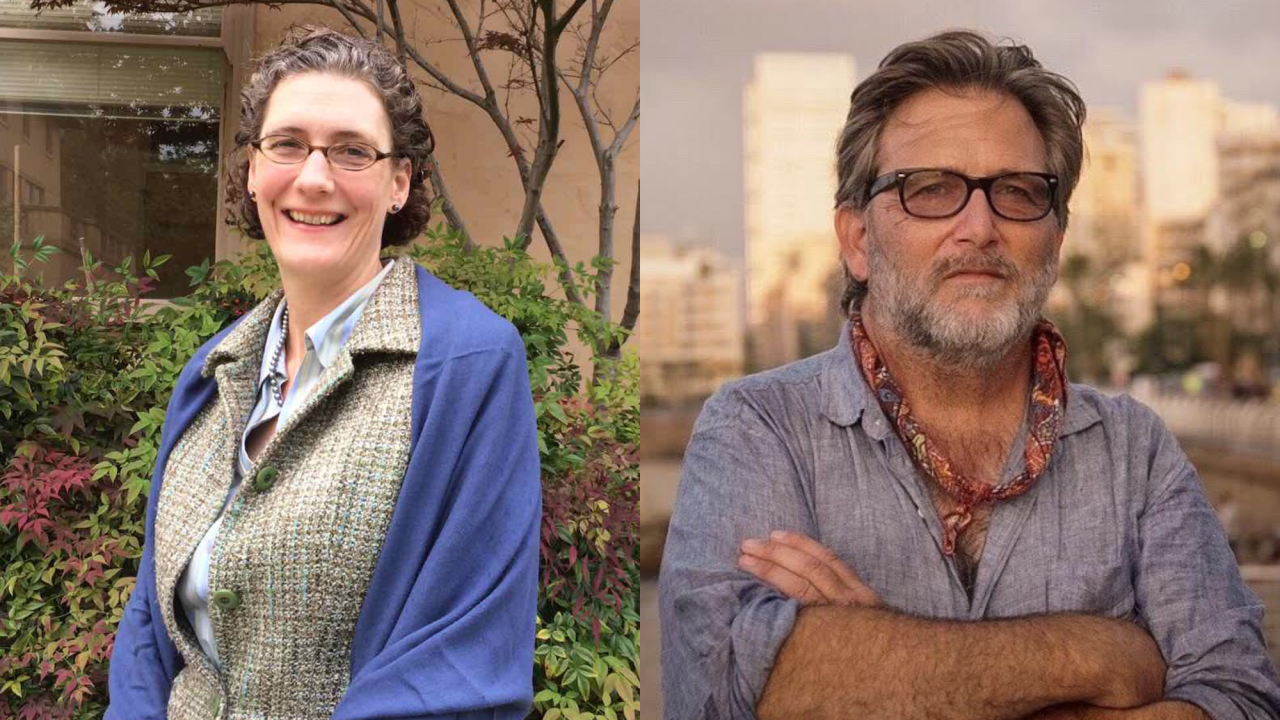 Liza Grandia smiles in a blue cardigan while Keith David Watenpaugh poses with his arms crossed in a blue button up with buildings in the background.