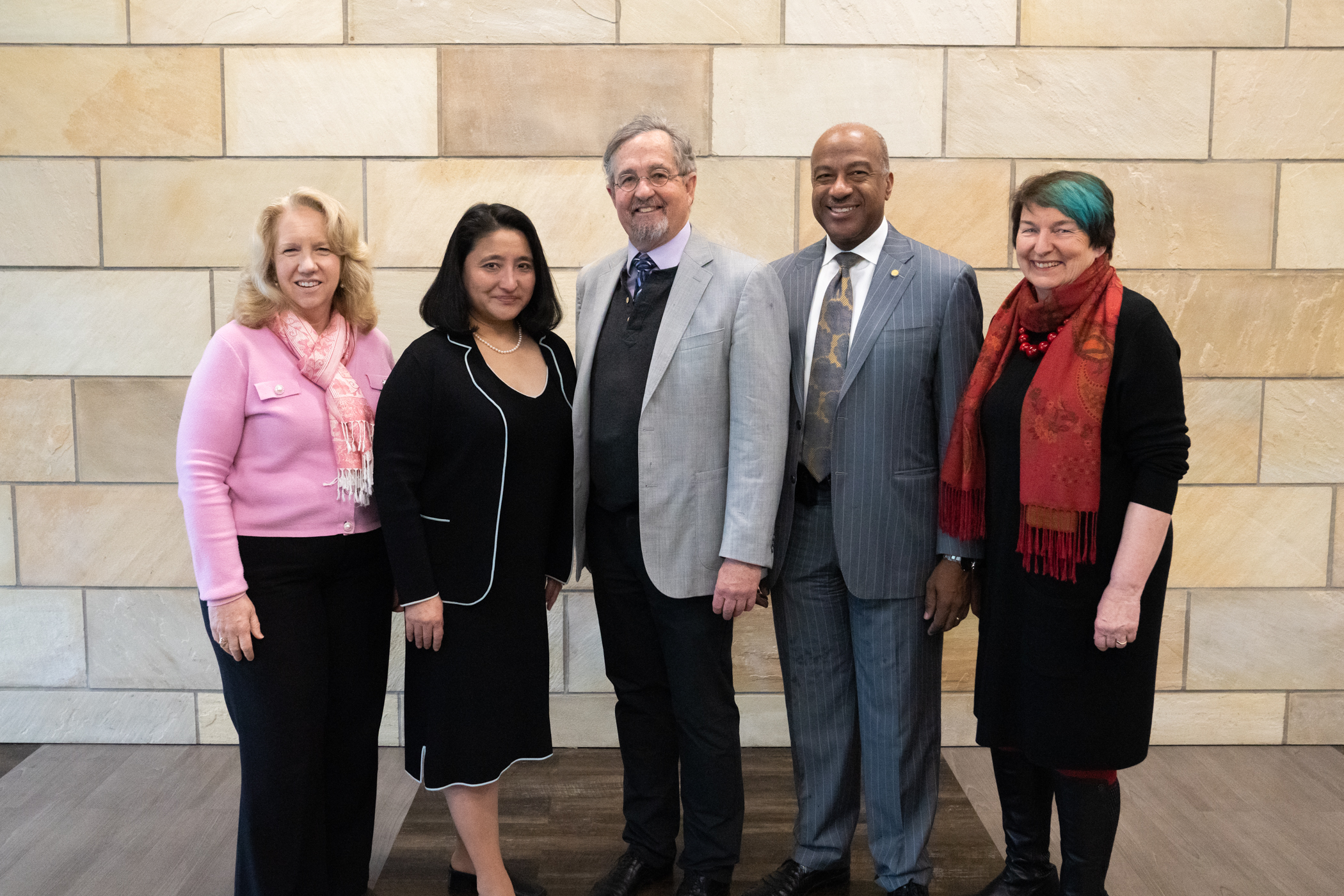 Group photo at the Global Affairs 2023 International Connections Reception of Provost Mary Croughan, Chancellor's Awardees Jennifer Chow and Michael Carter, Chancellor Gary S. May and Global Affairs Vice Provost and Dean Joanna Regulska