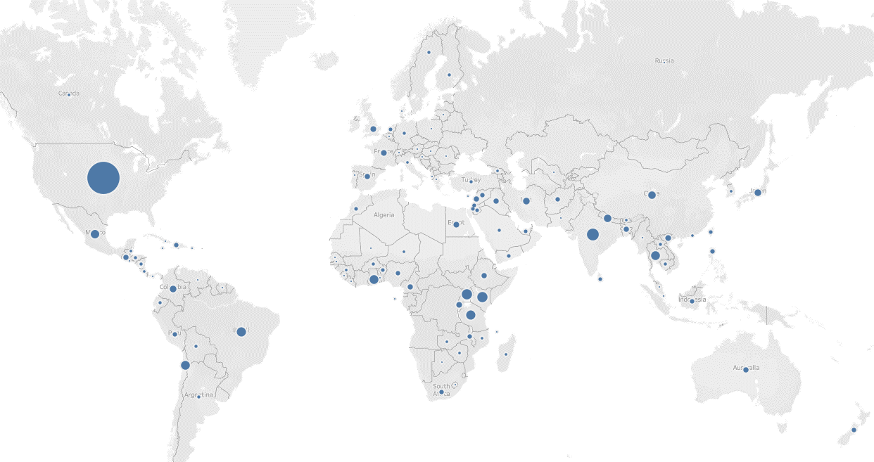 Map of world with large dots where SDG activities are 