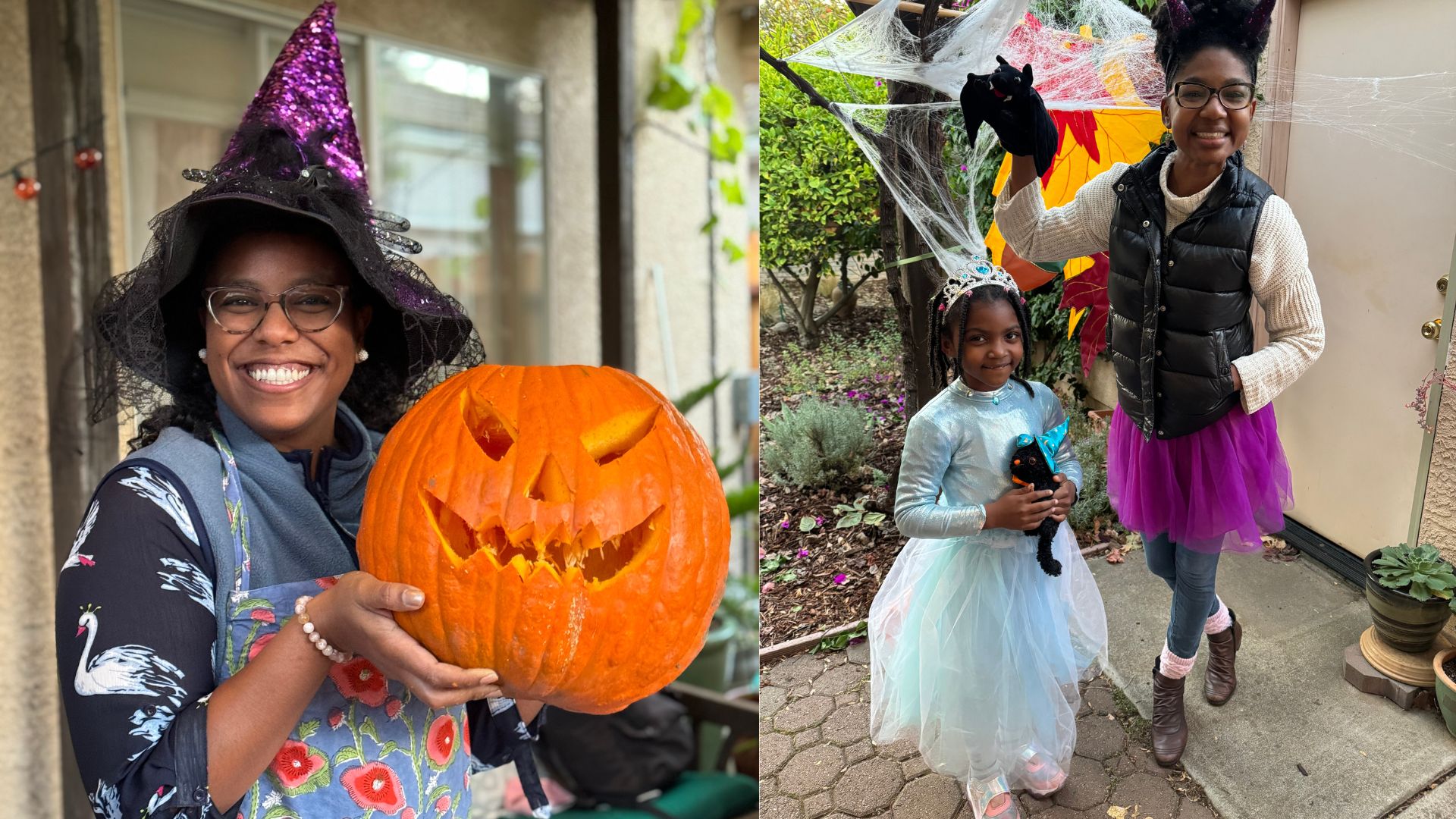 On the left side of the image, Kara wears a black pointed witch hat and holds up a smiling carved pumpkin. On the right side of the image, Rosani wears a bright pink tutu and holds up a stuffed black bat over her daughter next to her who wears a princess dress from the movie Frozen.