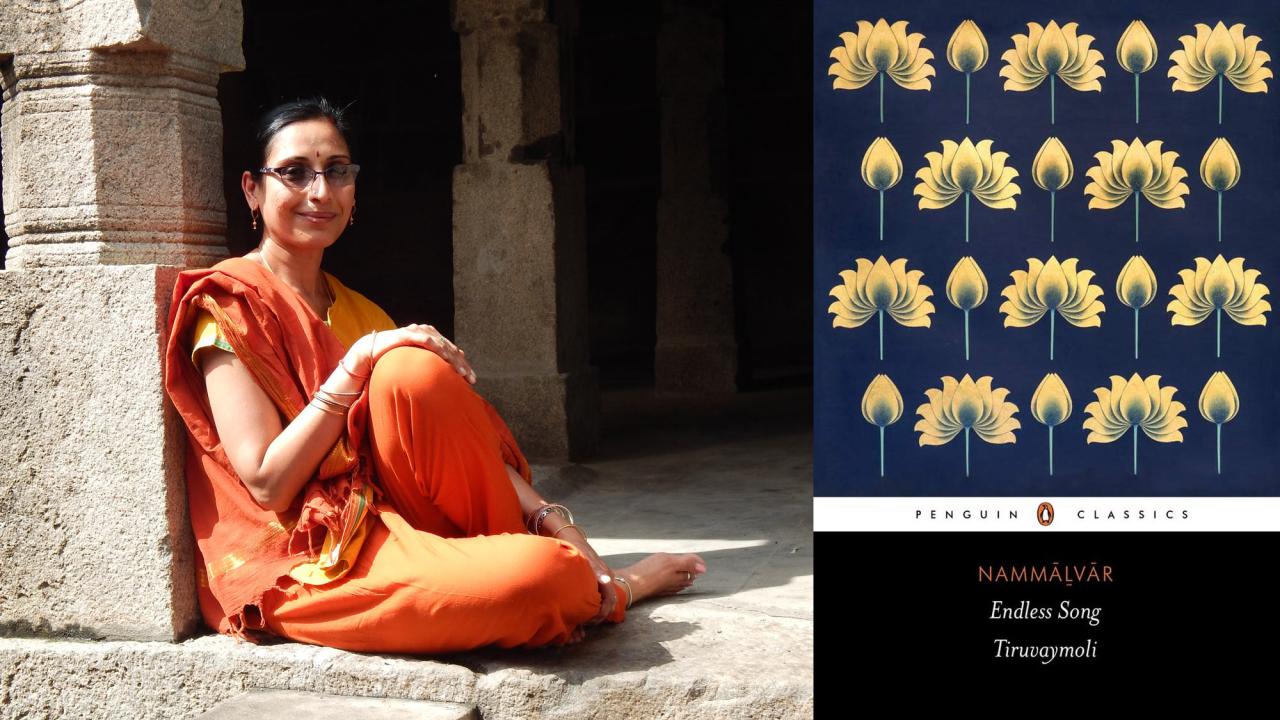 UC Davis faculty member Archana Venkatesan in an orange shirt, orange pants, and an orance scarf leans against a stone column. Graphic includes a photo of a book cover on the right with golden flower drawings. 