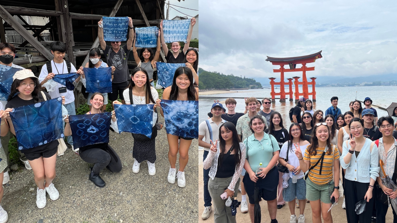 Group of students showcasing dyed fabrics on the left, and a group photo in front of a torii gate on the right.