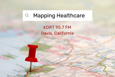 World map with pin dropped and a label saying Mapping Healthcare.