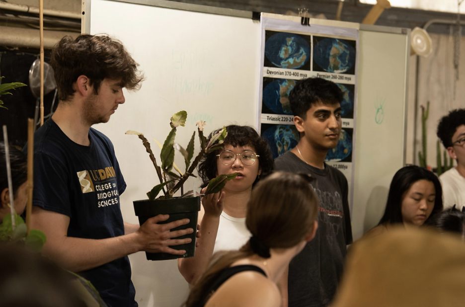 Students gather in a conversation, holding a plant.