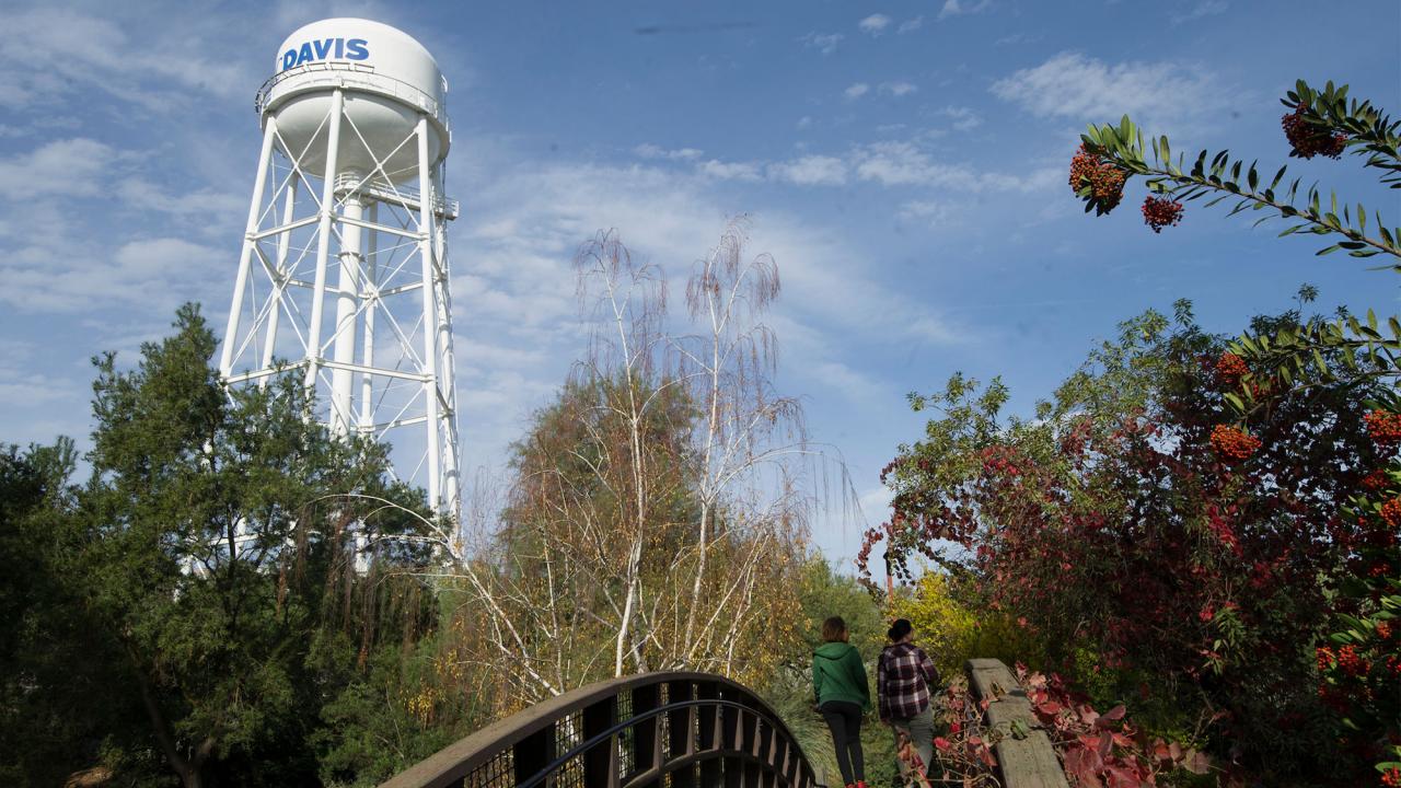 Water tower and bridge on campus