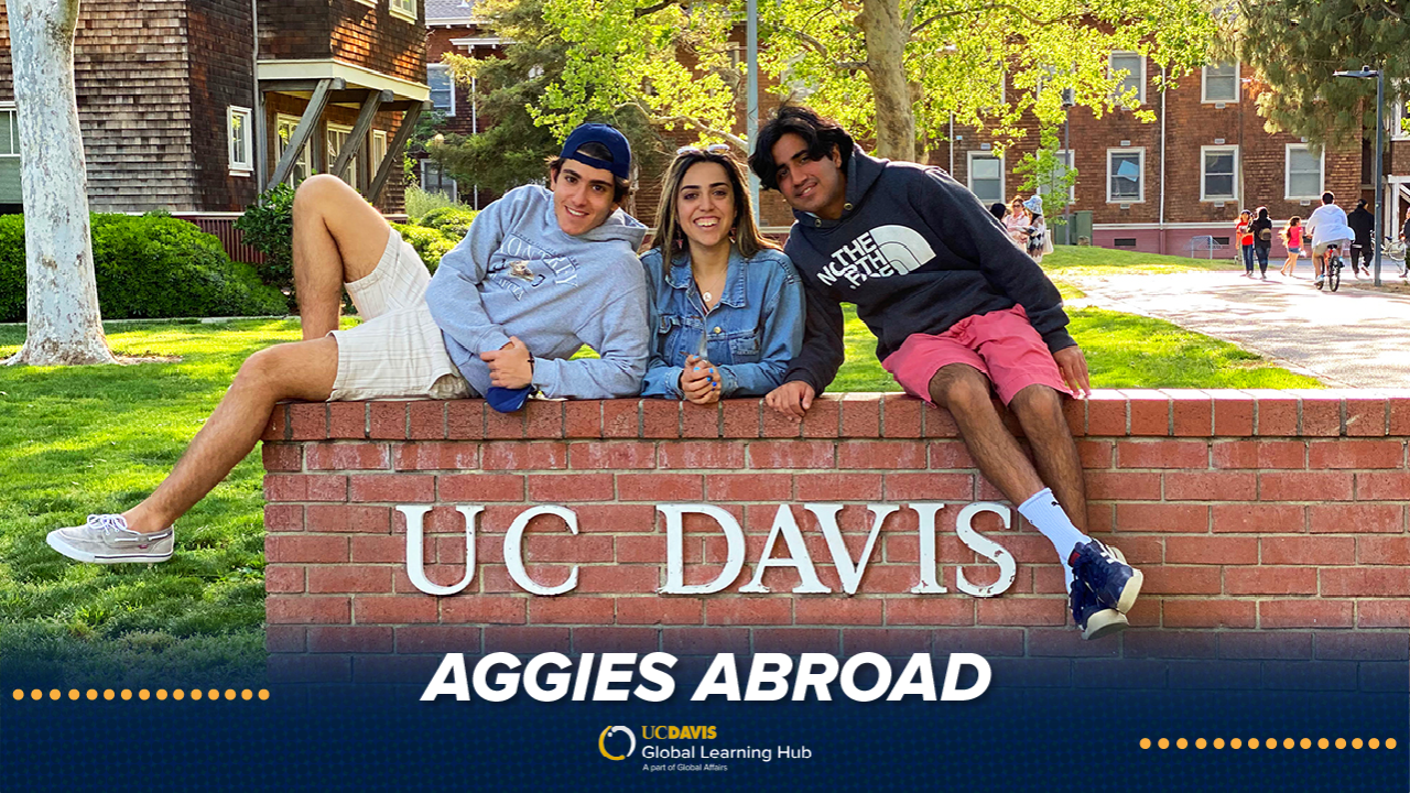 Sophia poses with two male friends at the brick UC Davis sign near Dutton Hall. She stands behind the short wall leaning over while her friends lay on the wall on either side of her.