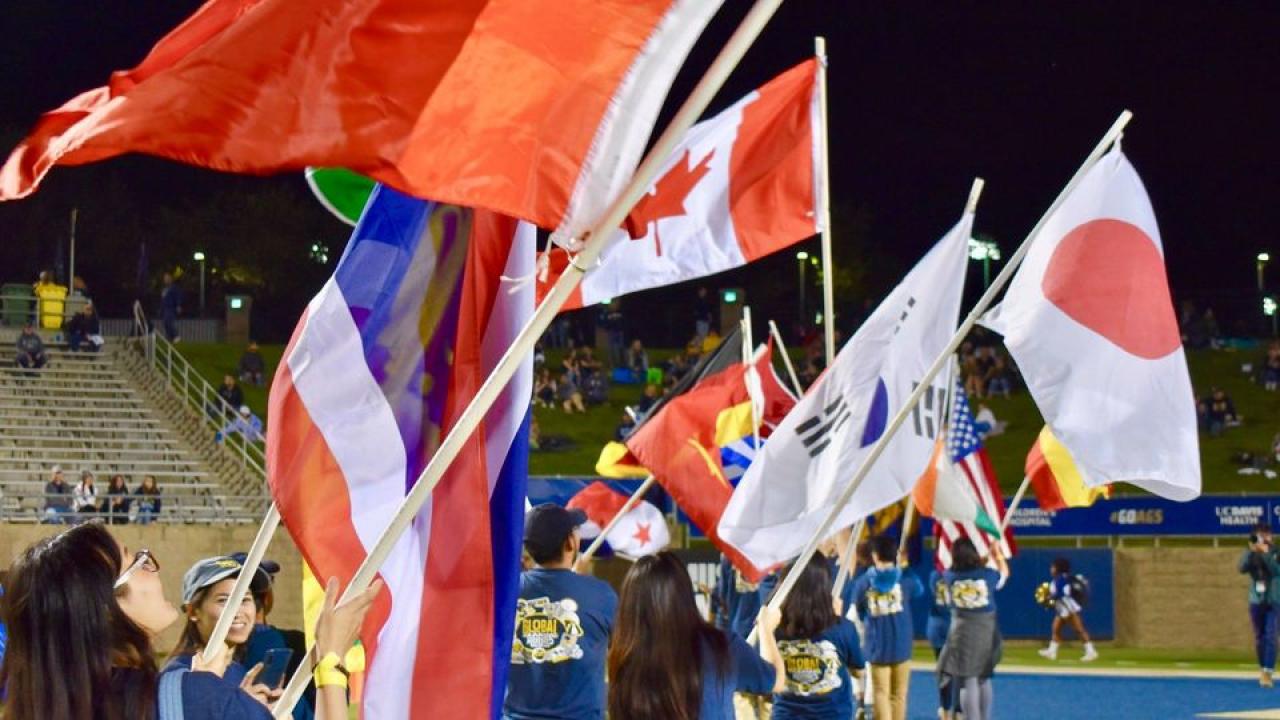 Student waving flags