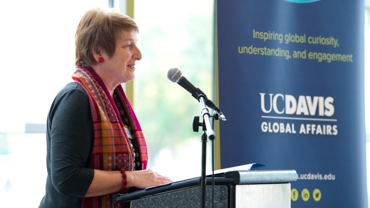 Photo by TJ Ushing/UC Davis Joanna Regulska speaking at event