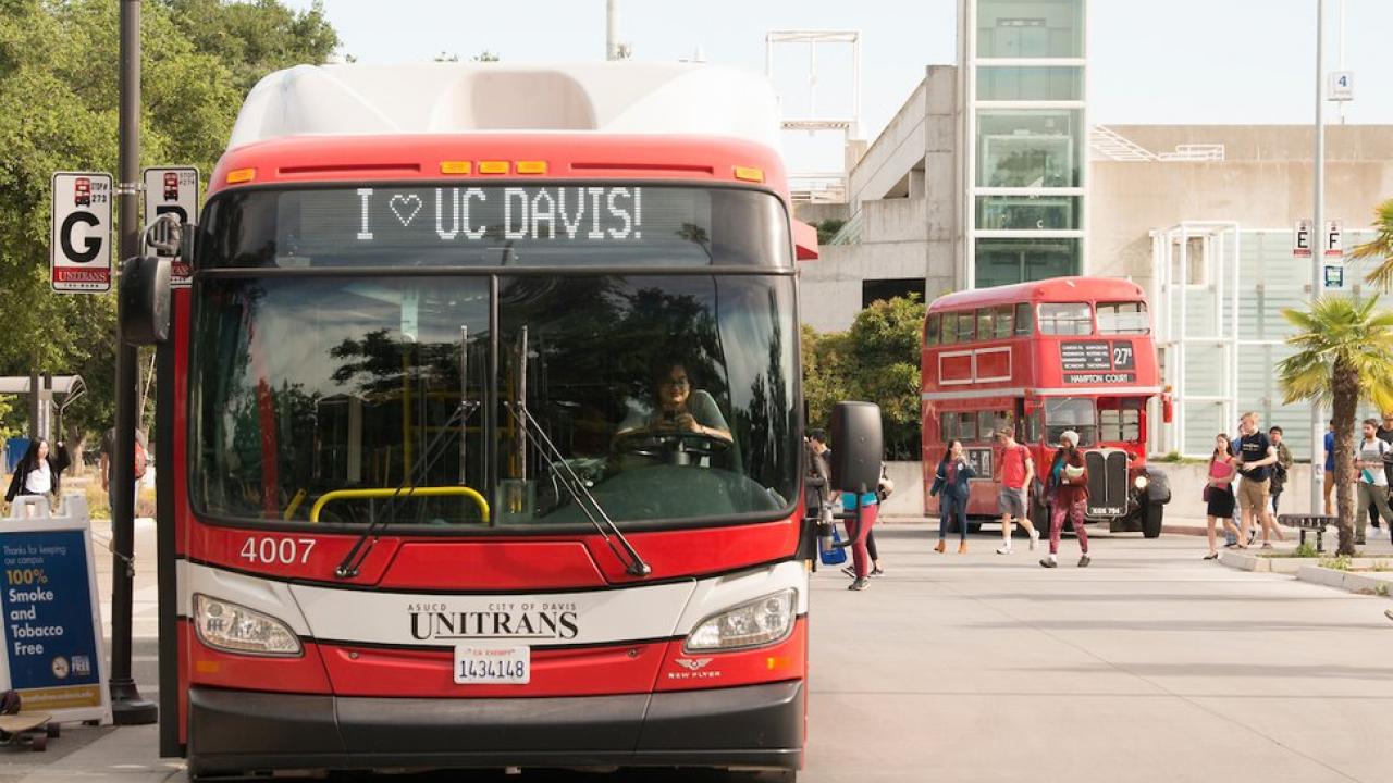 University of California—Davis provides international students with a lot of information about transportation options, such as using the school's vintage double-decker buses from London.(GREG URQUIAGA/UC DAVIS)