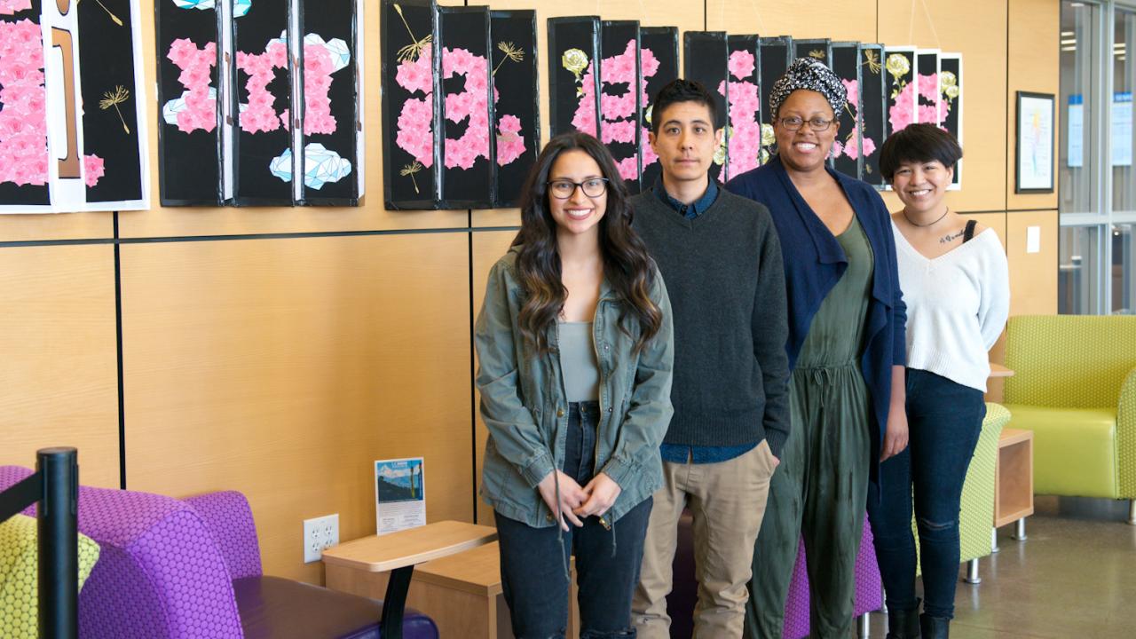 UC Davis students Bianca Medina, Marbles Jumbo Radio, Jasmine Wade, and Sabrina Rose Lee in the International Center when their works debuted during International Education Week in November of 2017 UC Davis students Bianca Medina, Marbles Jumbo Radio, Jasmine Wade, and Sabrina Rose Lee in the International Center.