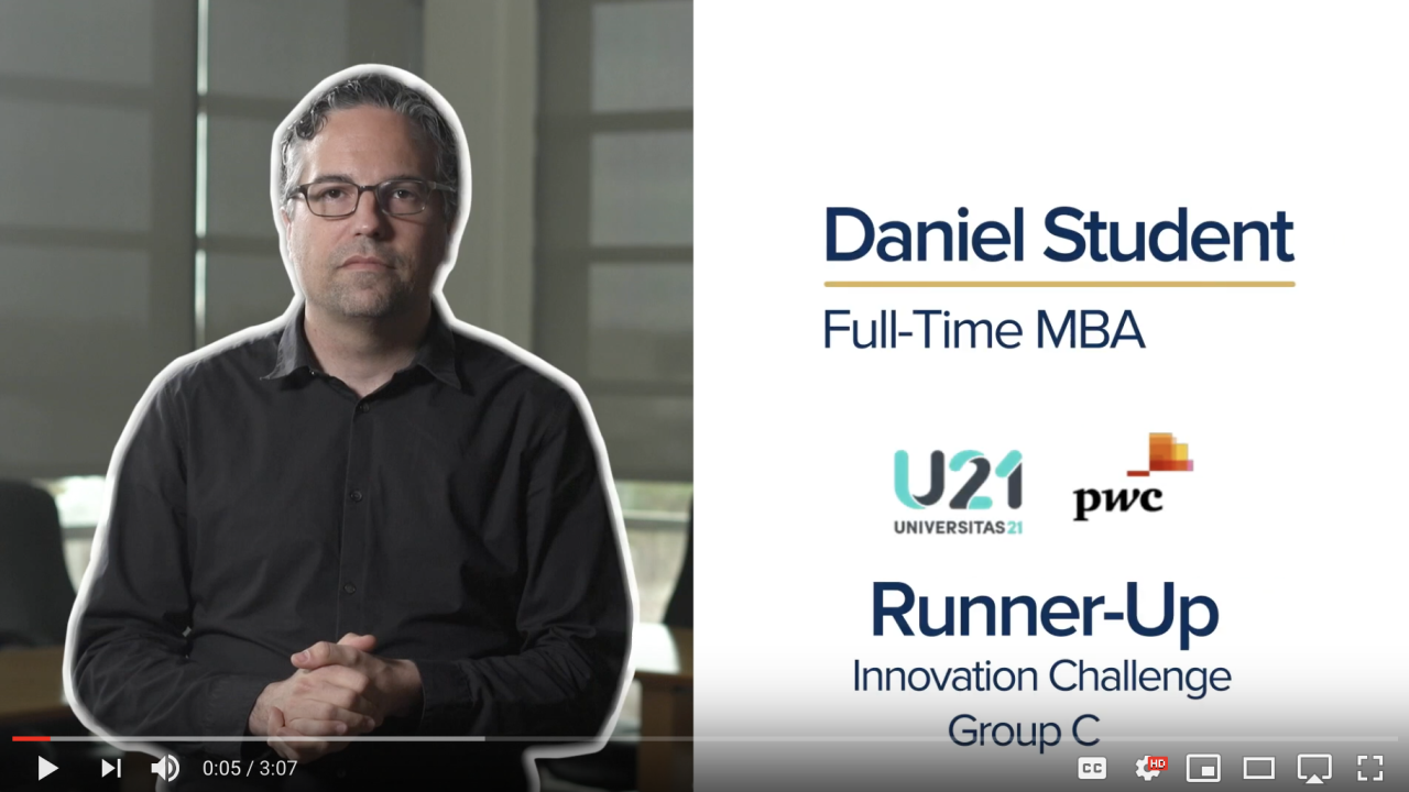Daniel Student, UC Davis Graduate School of Management MBA student, in his video for the U21/PwC Innovation Challenge competition. Daniel Student in video