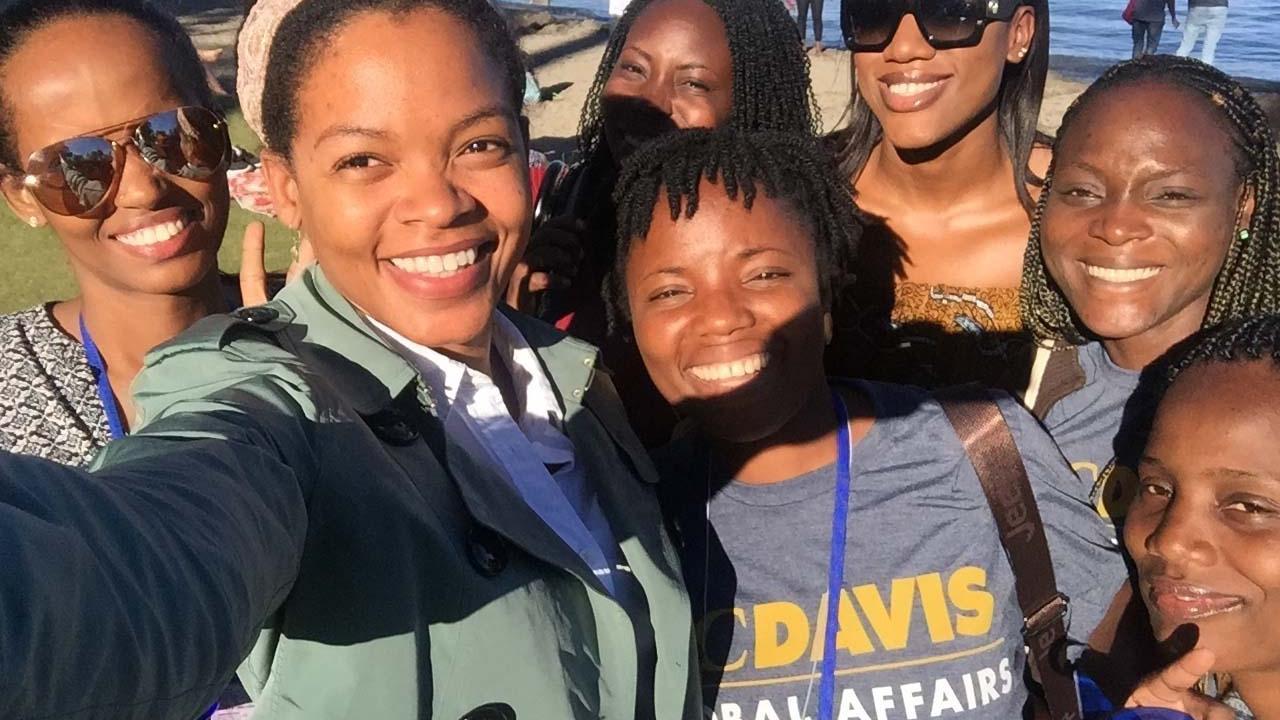 Tene Goodwin, second from left, with UC Davis Mandela Washington Fellows at Lake Tahoe. Tene Goodwin and Mandela Fellows Selfie