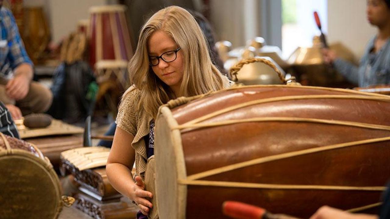 Gillian Irwin, here practicing with the Gamelan Ensemble at UC Davis, is one of seven students and grads to receive Fulbright grants for 2017-18. (Gregory Urquiaga/UC Davis) Gillian Irwin practicing with the Gamelan Ensemble at UC Davis