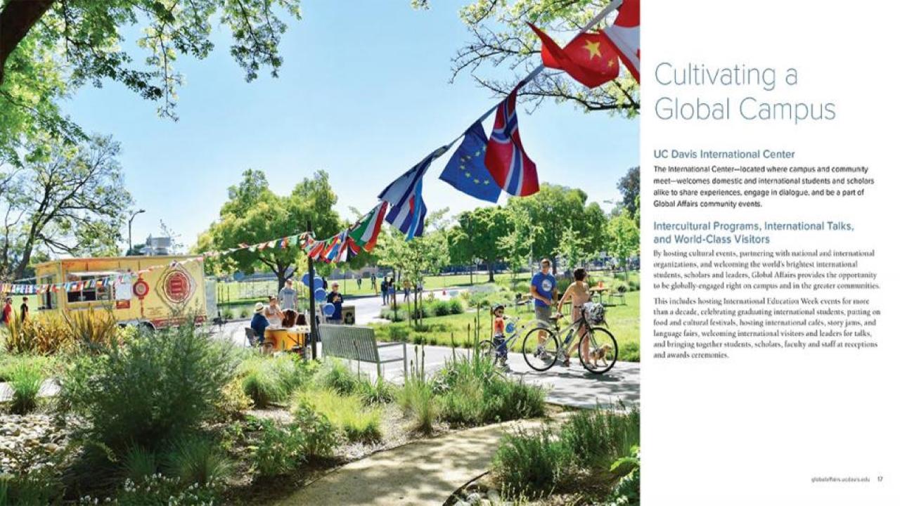 A two-page spread from the Global Affairs Viewbook, which won a silver Circle of Excellence award from the Council for Advancement and Support of Education, or CASE.