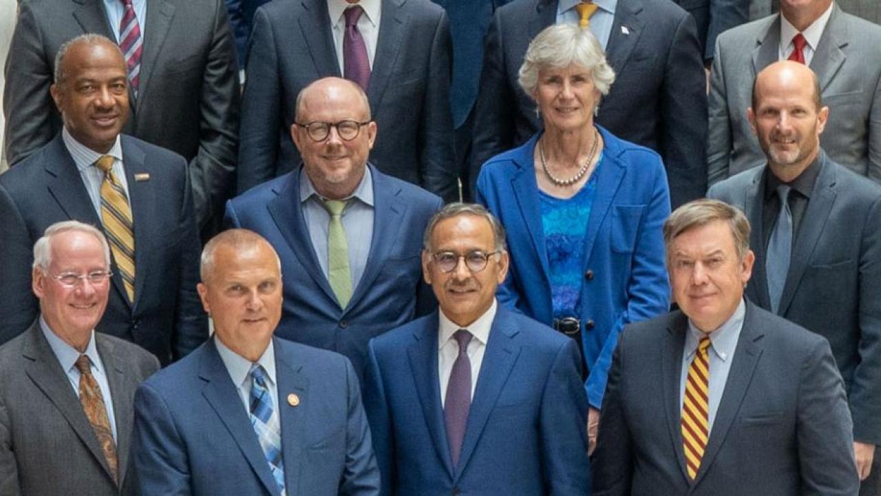 Chancellor May, top left, in group photo at Aug. 7 launch of the National Commission on Innovation and Competitiveness Frontiers, at the Gallup Building in Washington, D.C. 