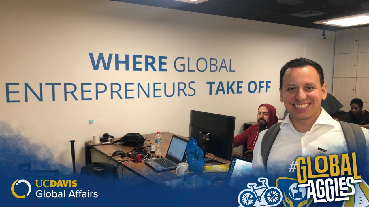 UC Davis MBA student Jesse Rodriguez at Startup Chile Co-Work Space, where the team had a meeting to discuss potential collaborations with the UC Davis Global Center. Jesse Rodriguez in an office space