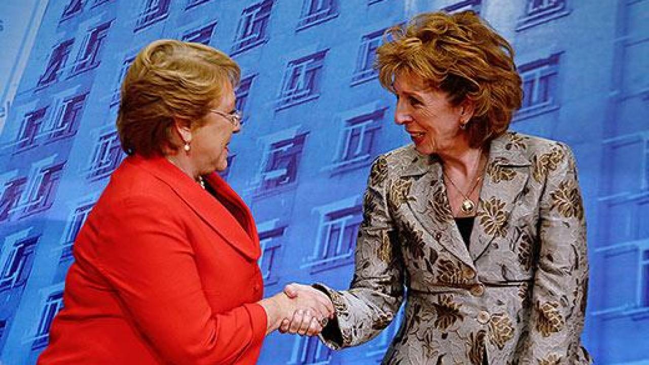 Michelle Bachelet, president of Chile, shakes hands with UC Davis Chancellor Linda Katehi after opening the UC Davis-Chile Life Sciences Innovation Center in Santiago, Chile.