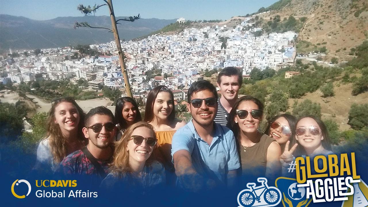 Jorge Murillo (middle: holding the camera) and fellow UCEAP Carlos III University friends on a weekend excursion in Chefchaouen, Morocco. Global Aggies Spotlight - Header Image