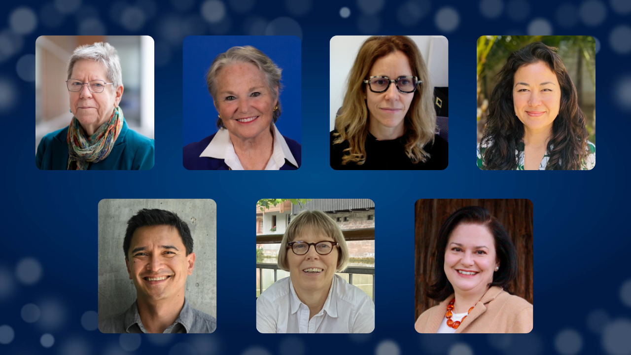 Seven headshots of smiling UC Davis faculty and staff over an Aggie Blue background