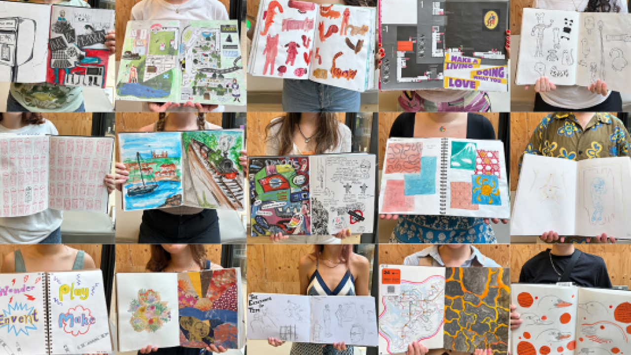 A collection of photos displays open visual journals with vibrant artwork, collages, and text.