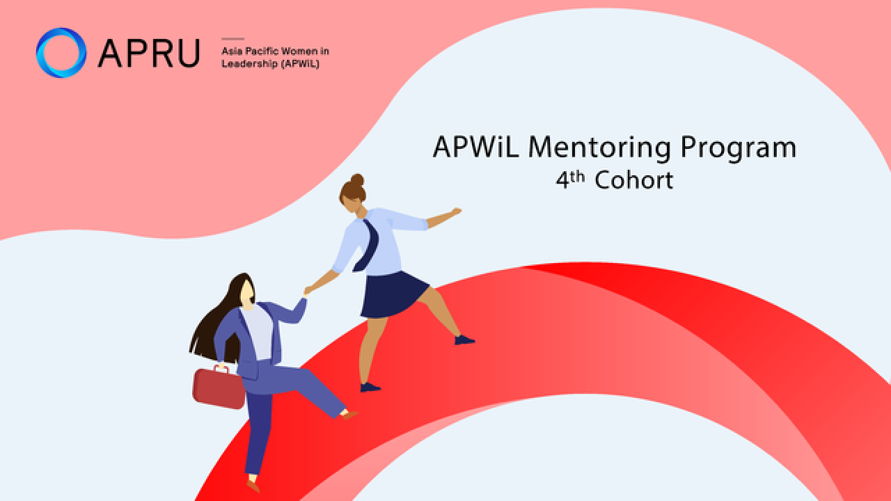 The text reads "APWiL Mentoring Program 4th Cohort" with two graphics of women crossing over a red bridge. In the top right corner it reads "APRU."