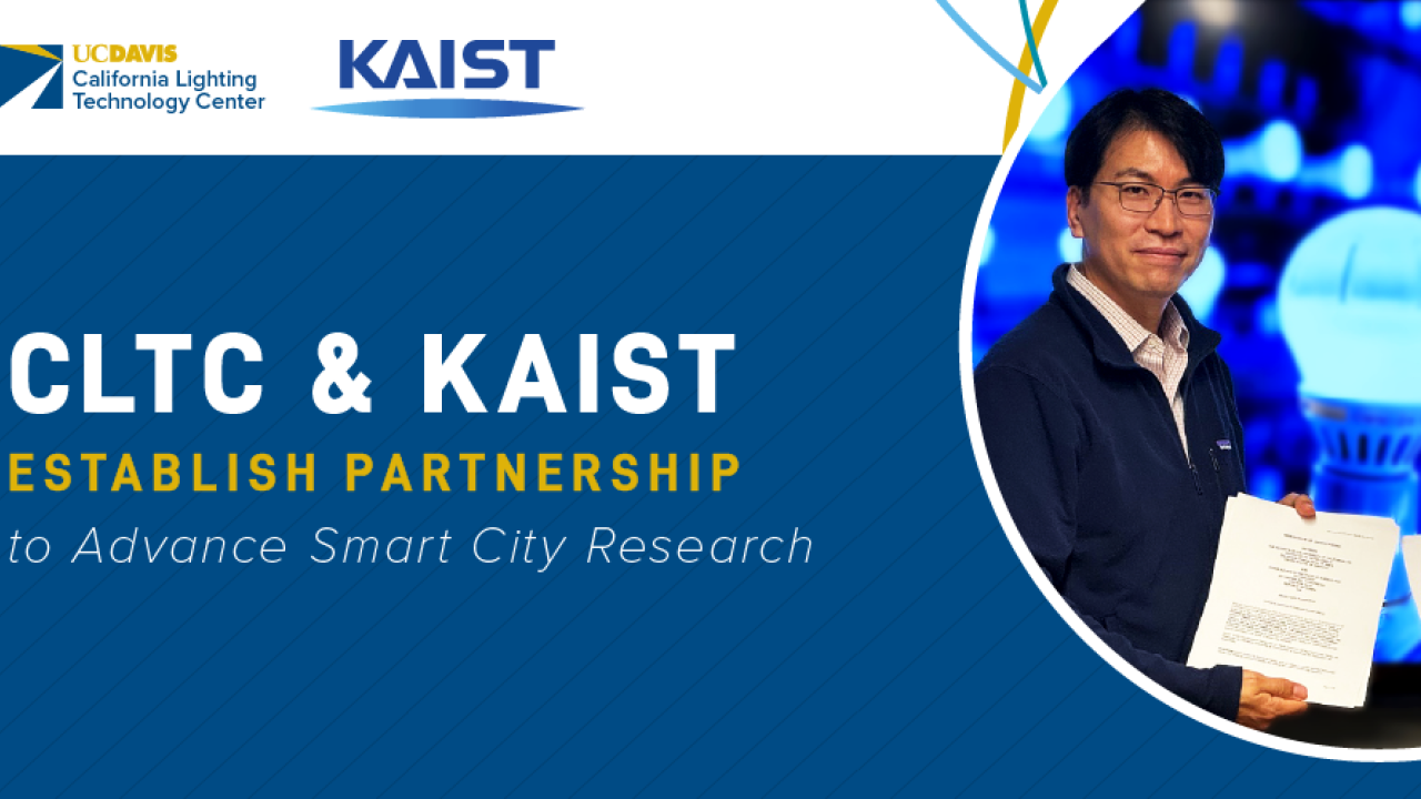 Professor Youngchul Kim and Professor Albert Tonghoon Han pose for a photo preceded by the text "CLTC and KAIST Establish Partnership to Advance Smart City Research."