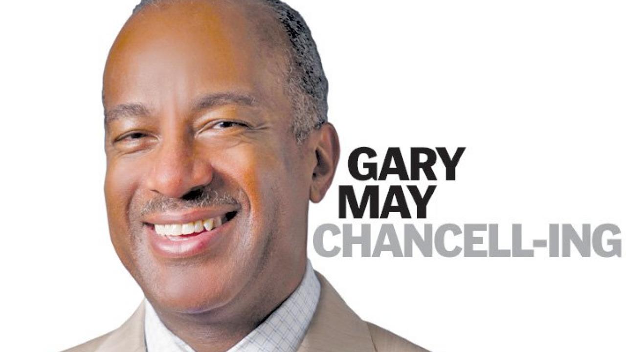 Headshot of Chancellor Gary May with text Gary May Chancell-ing