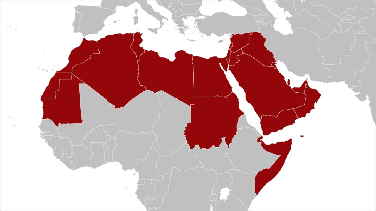 Map with Arab countries highlighted in a deep red.