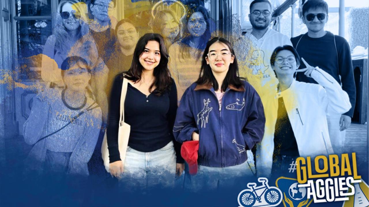 Tina and Suzuran are surrounded by fellow GAMP members with a blue and yellow water color overlay.