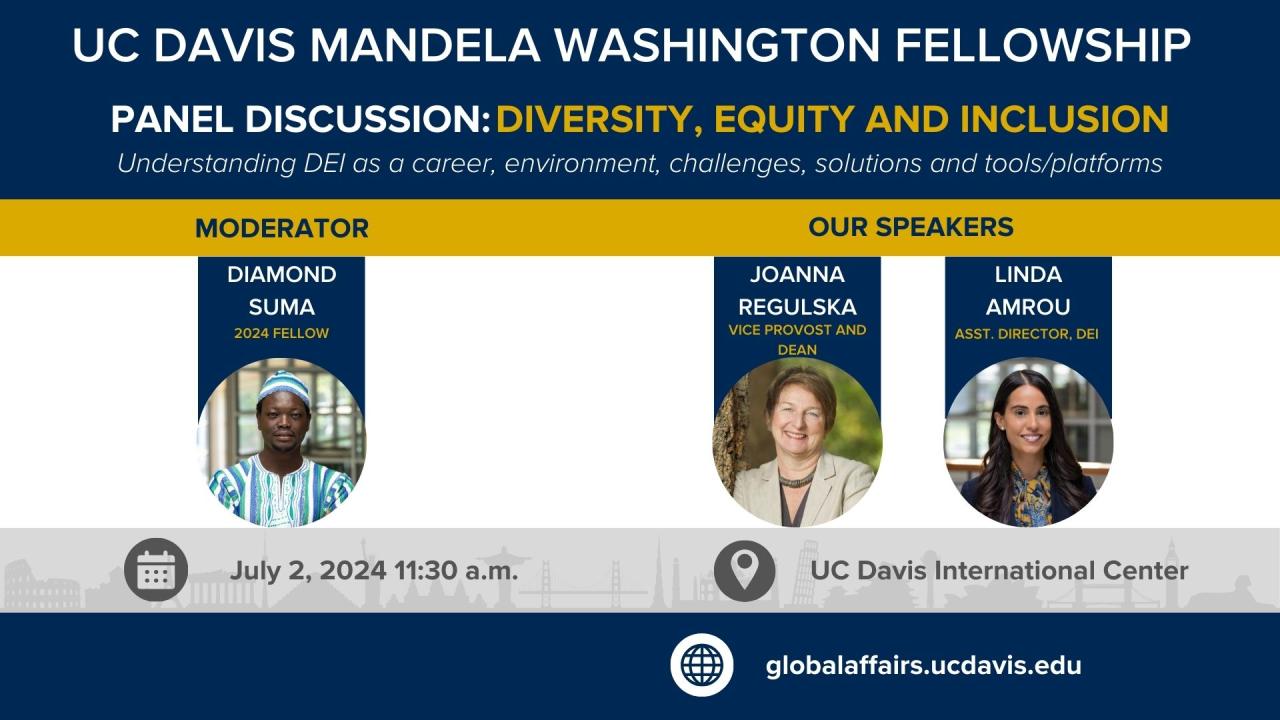 A graphic with headshots of Diamond Suma, Joanna Regulska and Linda Amrou promotes the event: "UC Davis Mandela Fellowship. Panel Discussion: Diversity, Equity and Inclusion. Understanding DEI as a career, environment, challenges, solutions and tools/platforms." The graphic also shows the date and time at July 2, 2024 at 11:30 a.m. and location as the UC Davis International Center. 