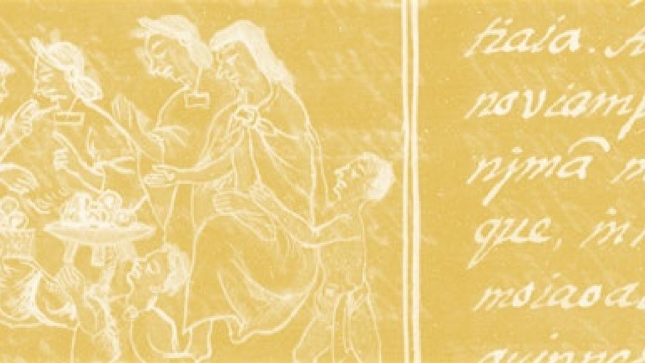 Yellow background with white cursive lettering and drawing