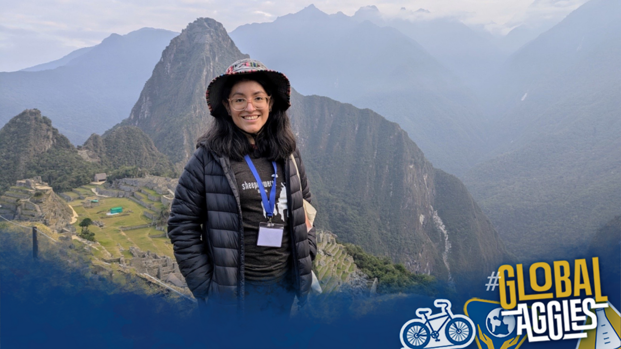 Jannet Torres Espinoza smiles at the camera with the mountains of Cusco, Peru in the background and a Global Aggies graphic overlay at the bottom