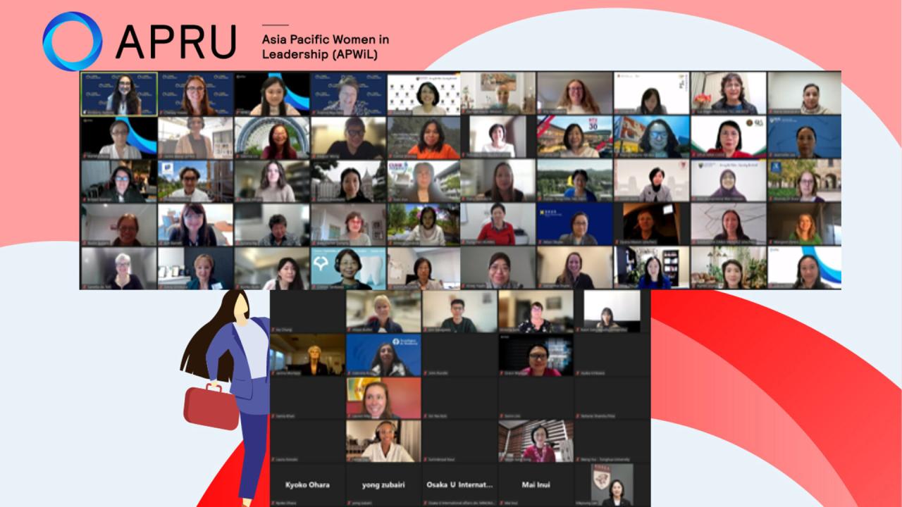 Photo composite of three Zoom screens and the APRU Asia Pacific Women in Leadership (APWiL) logo