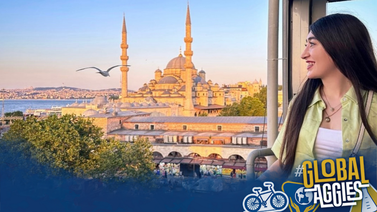 Elmira in Istanbul, Turkey, for the Ottoman Summer School with the Global Aggies logo.